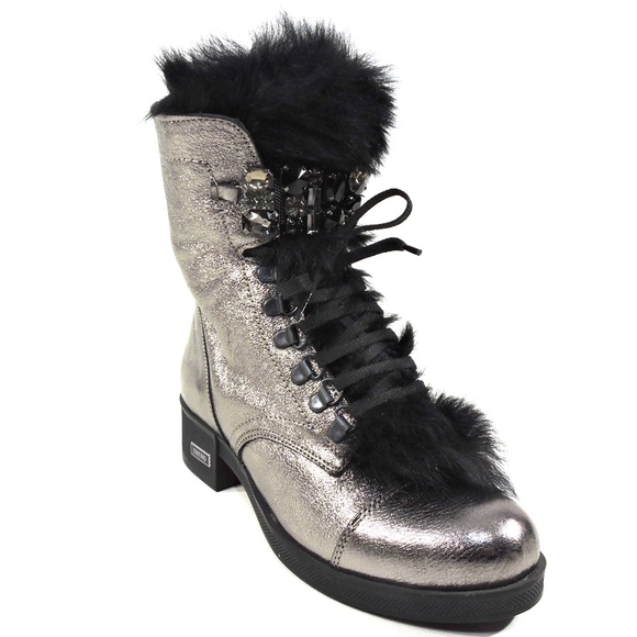 ALESSANDRO DI MARIA 🇮🇹 WOMEN SOFT SILVER LEATHER WINTER FUR BOOTIE - Picture 3 of 8